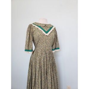 VTG Handmade Green Calico Cottagecore Prairie Dress Rockabilly Western Maxi